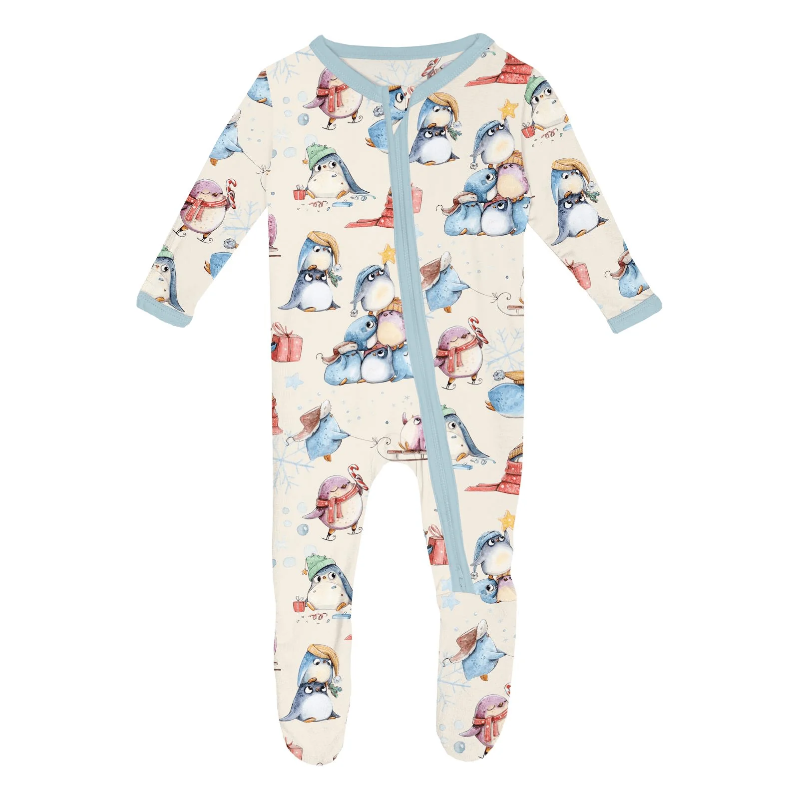 Bamboo Footie with 2-Way Zipper - Natural Silly Penguins - Image 5