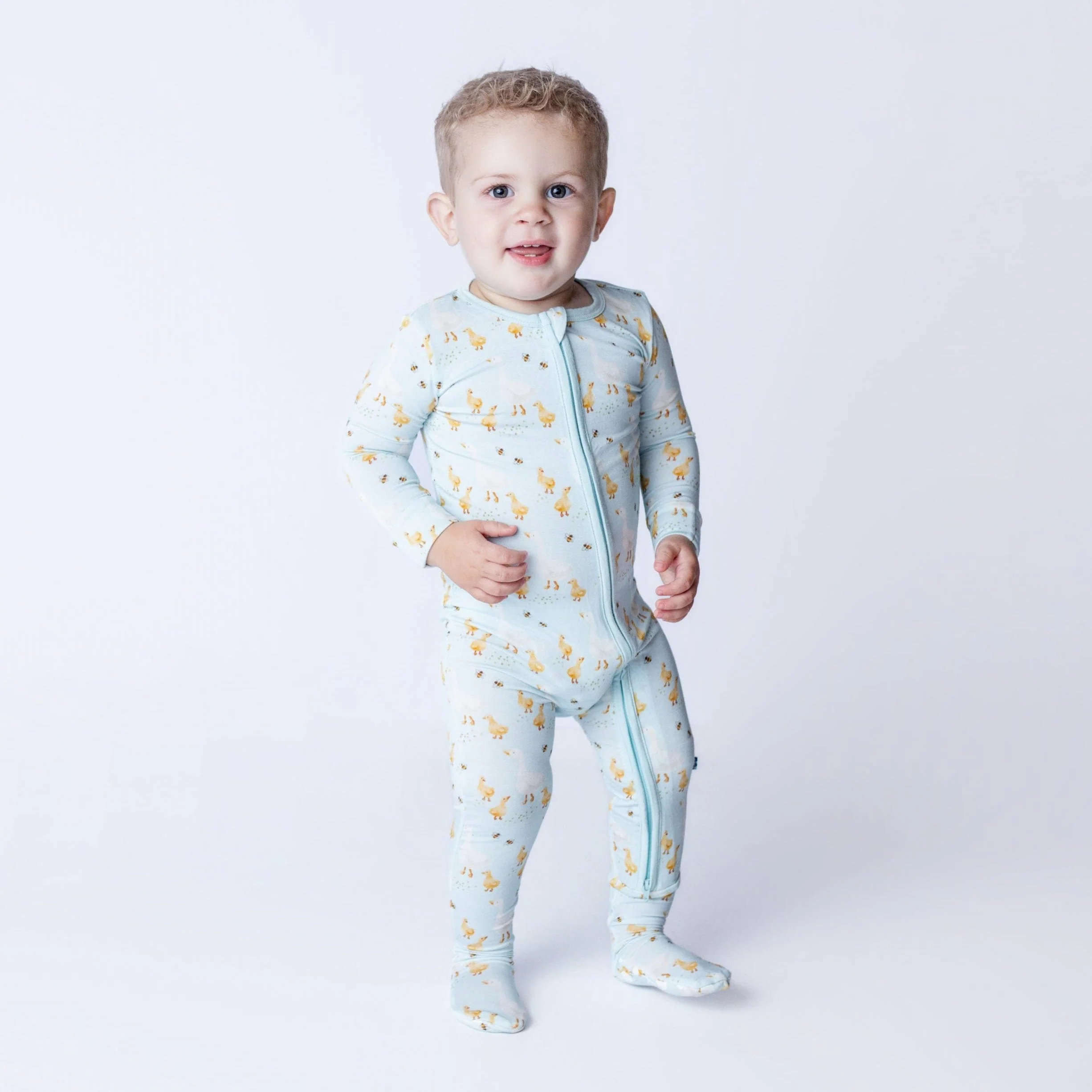 Bamboo Footie with 2-Way Zipper - Spring Sky Feeding Ducks - Image 3