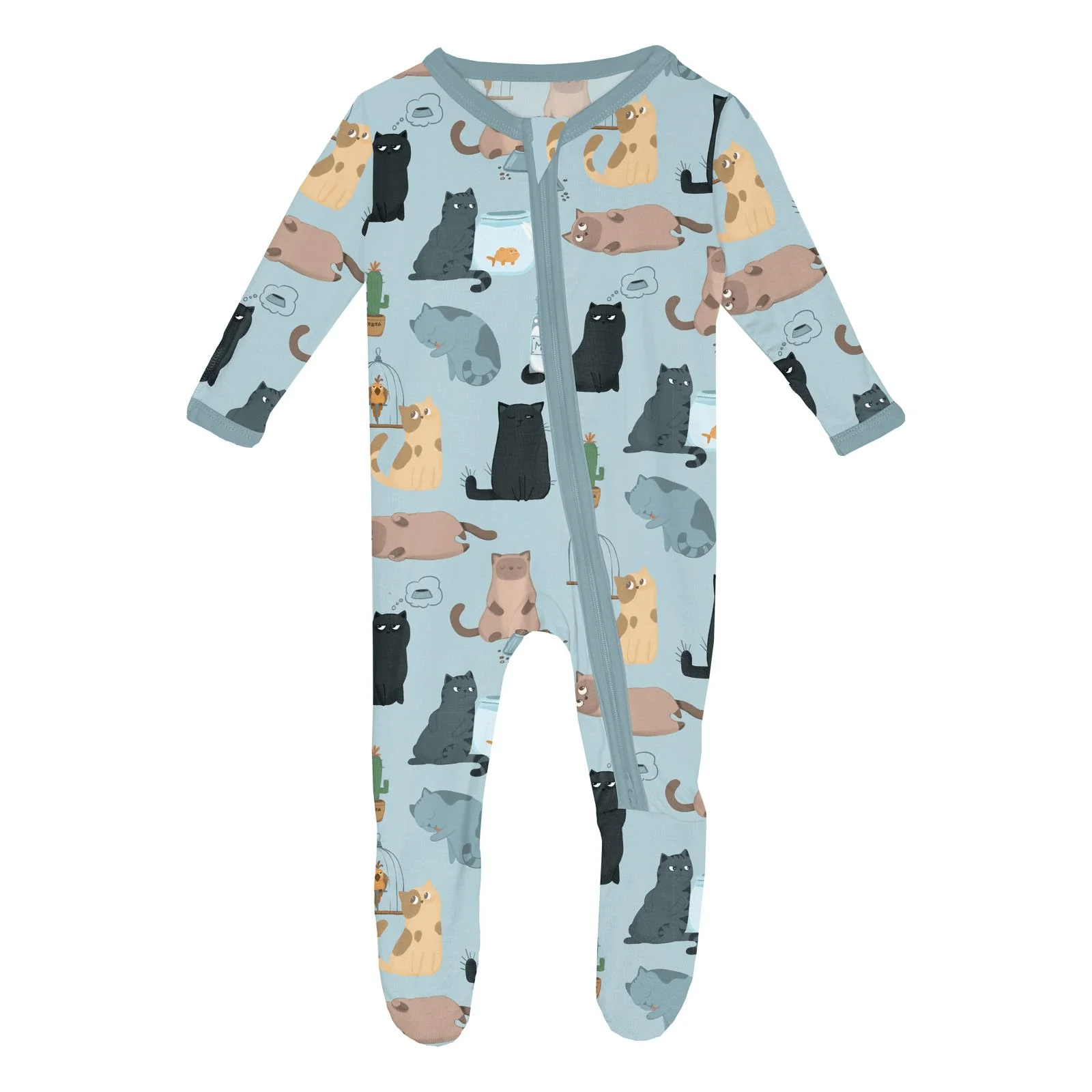 Bamboo Footie with 2-Way Zipper - Spring Sky House Cats - Image 3