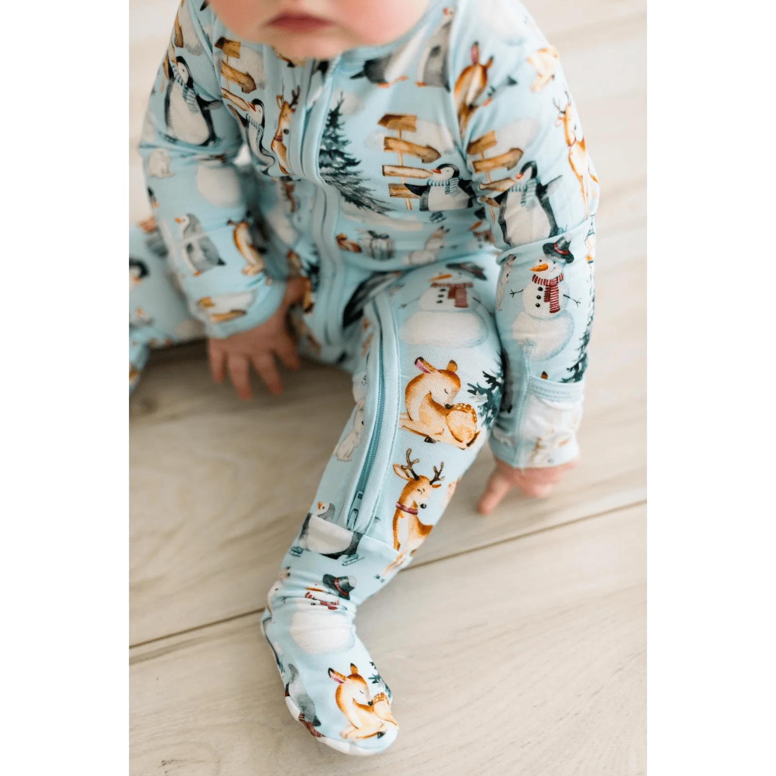 Bamboo Footie with 2-Way Zipper - Spring Sky Winter Woodland - Image 4