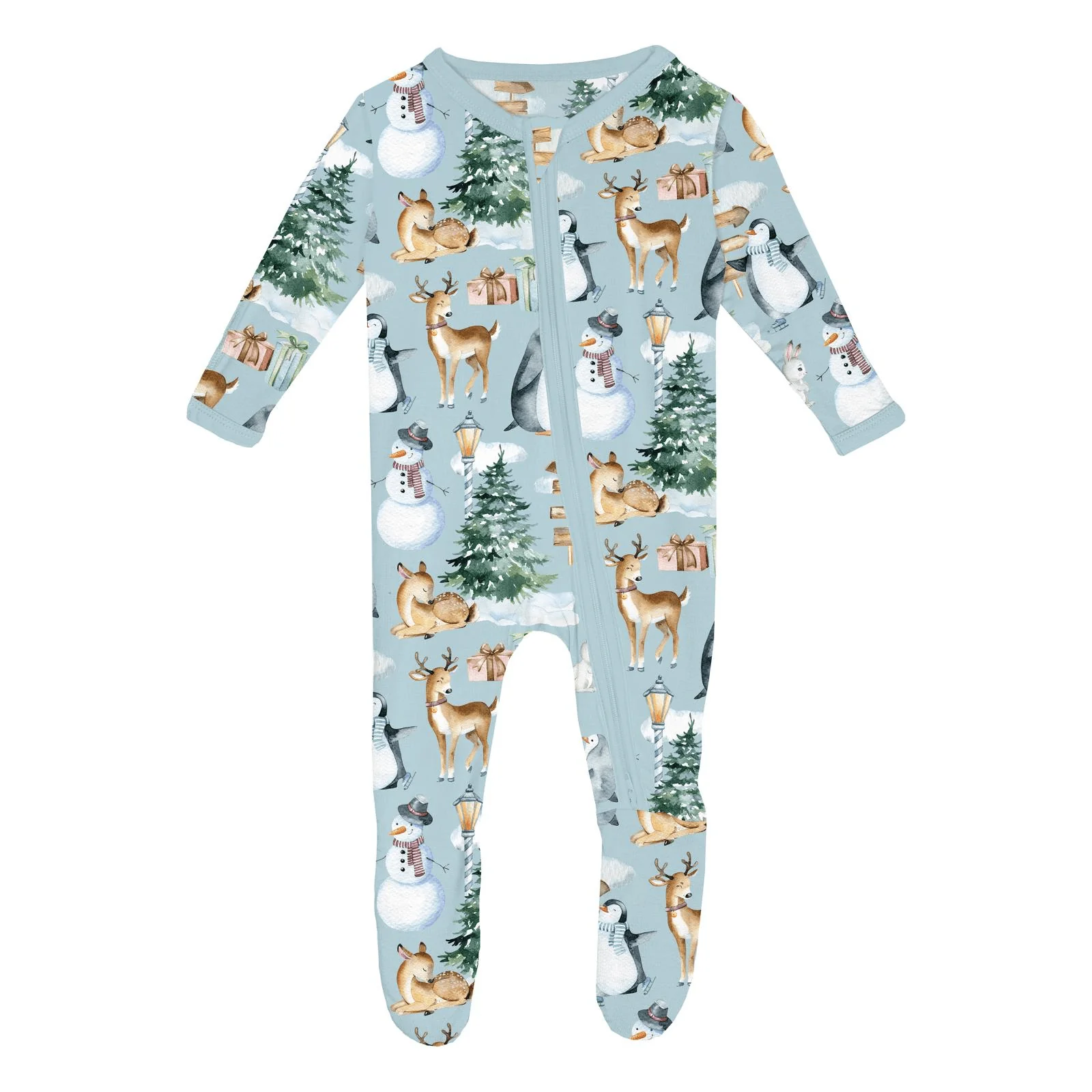 Bamboo Footie with 2-Way Zipper - Spring Sky Winter Woodland - Image 7