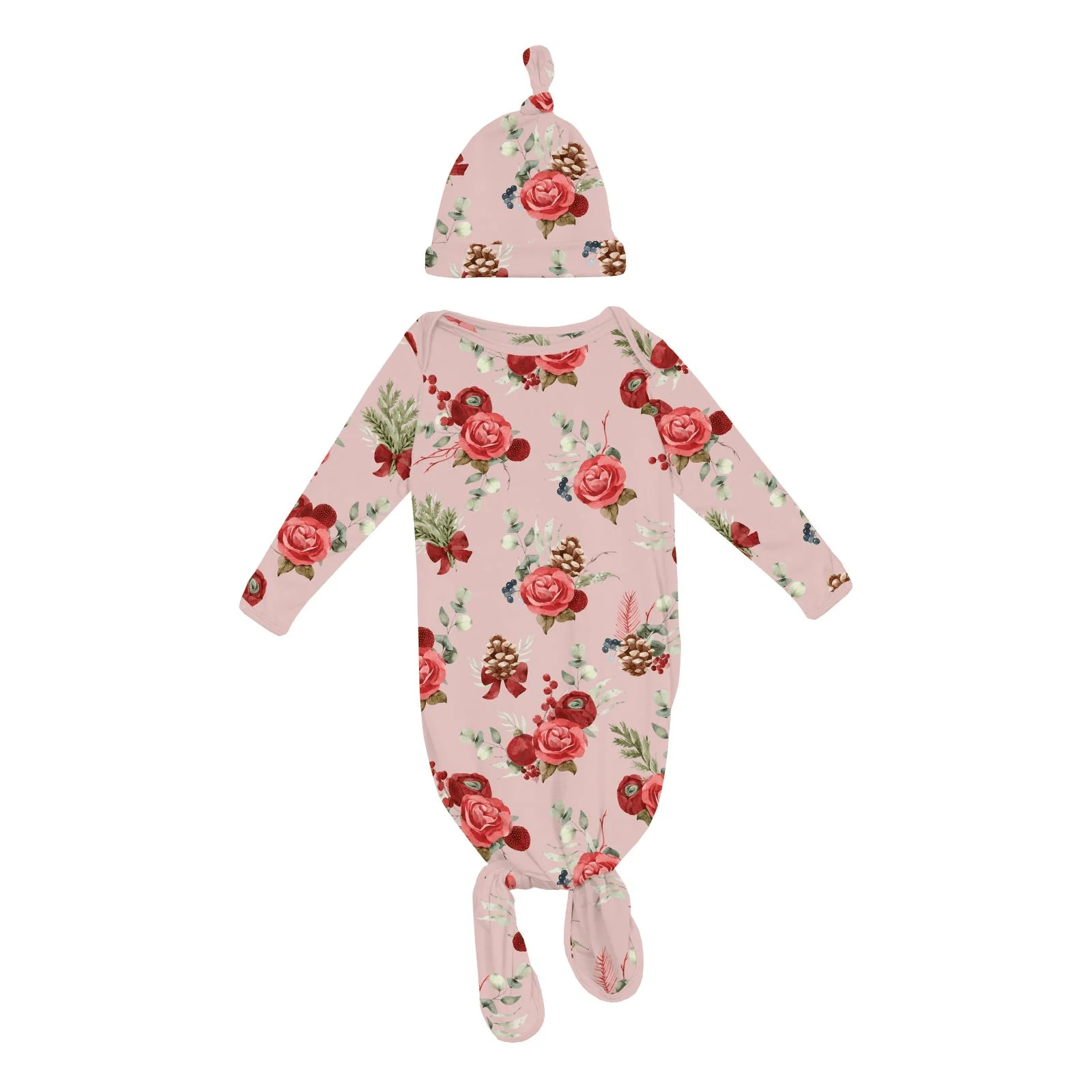 Bamboo Knotted Layette Gown & Hat Set - Baby Rose Holiday Floral