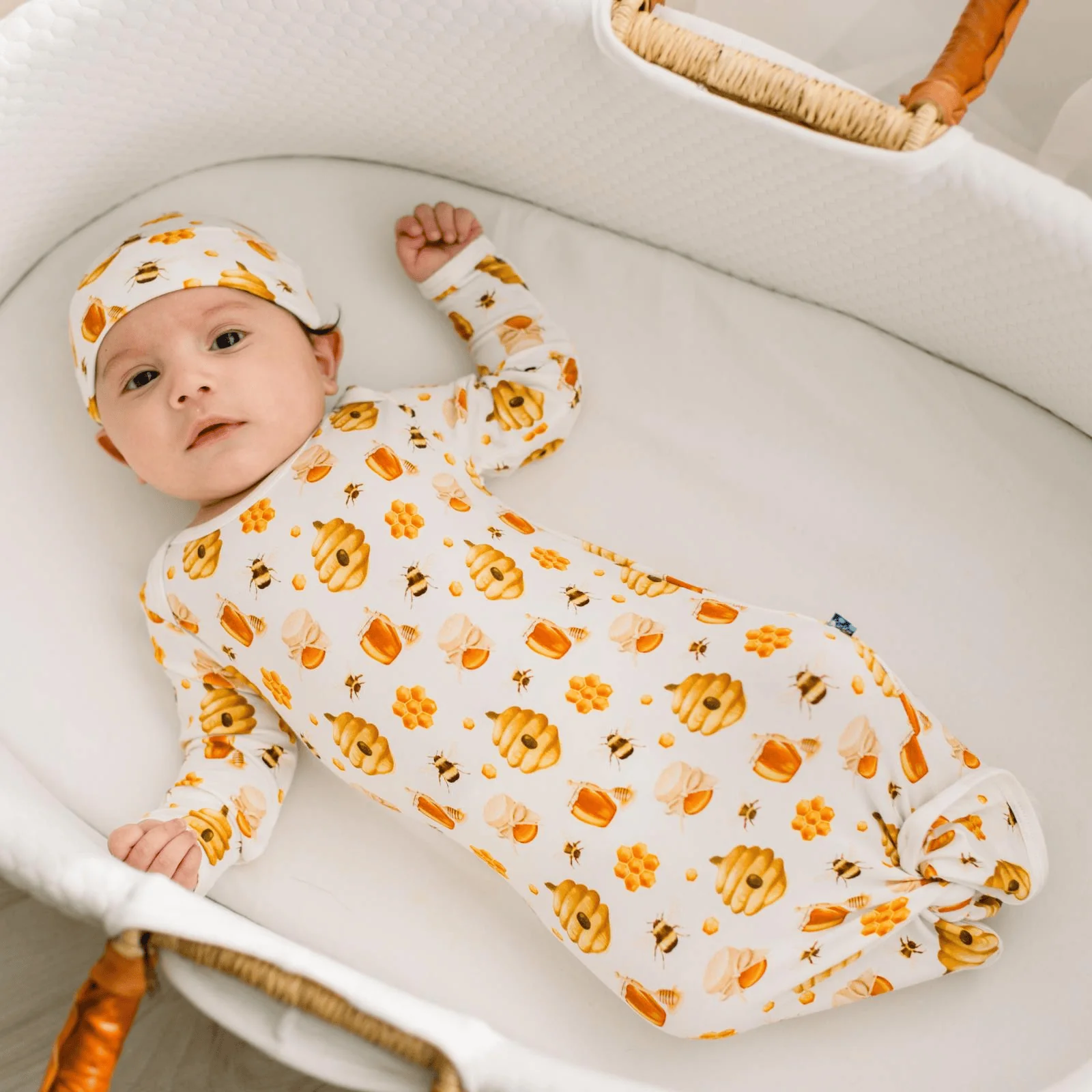 Bamboo Knotted Layette Gown & Hat Set - Natural Bees & Honey - Image 2