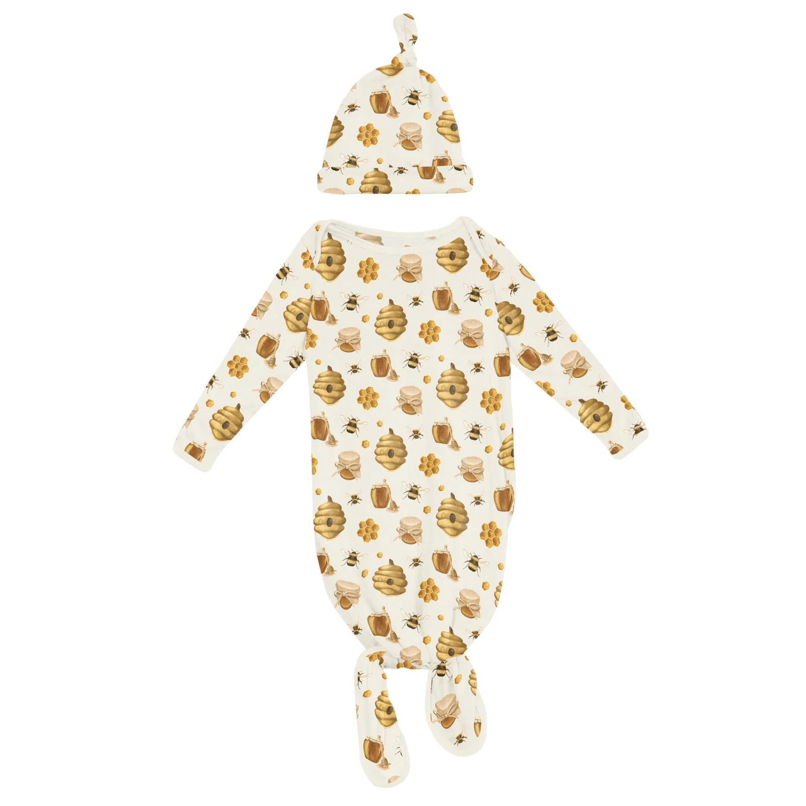Bamboo Knotted Layette Gown & Hat Set - Natural Bees & Honey - Image 4