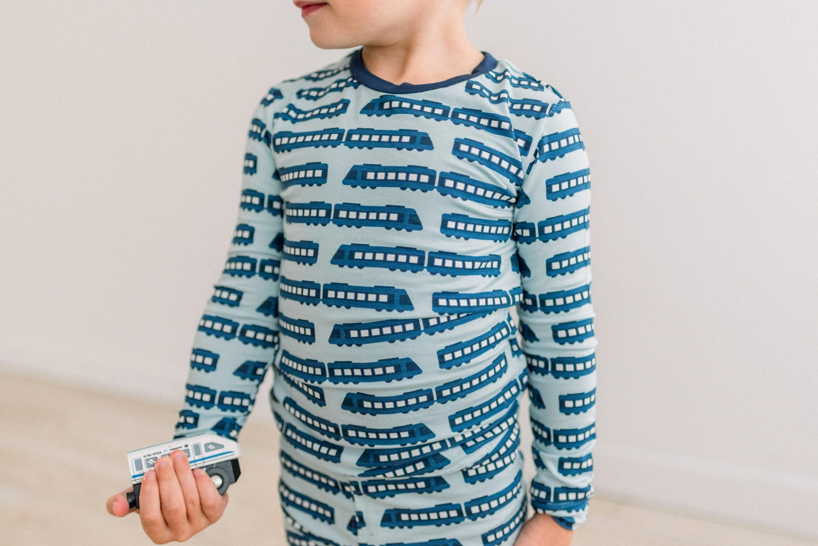 Bamboo Long Sleeve Pajama Set - Spring Sky London Trains - Image 2