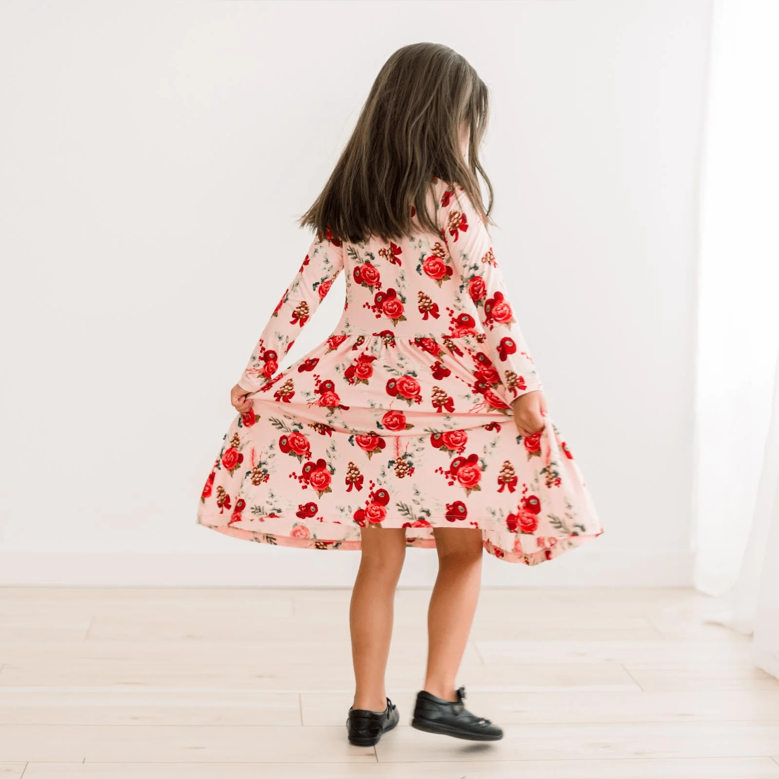 Bamboo Long Sleeve Twirl Dress with Pockets - Baby Rose Holiday Floral - Image 2