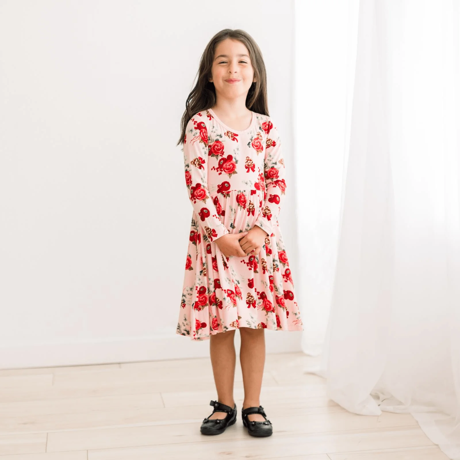 Bamboo Long Sleeve Twirl Dress with Pockets - Baby Rose Holiday Floral - Image 3
