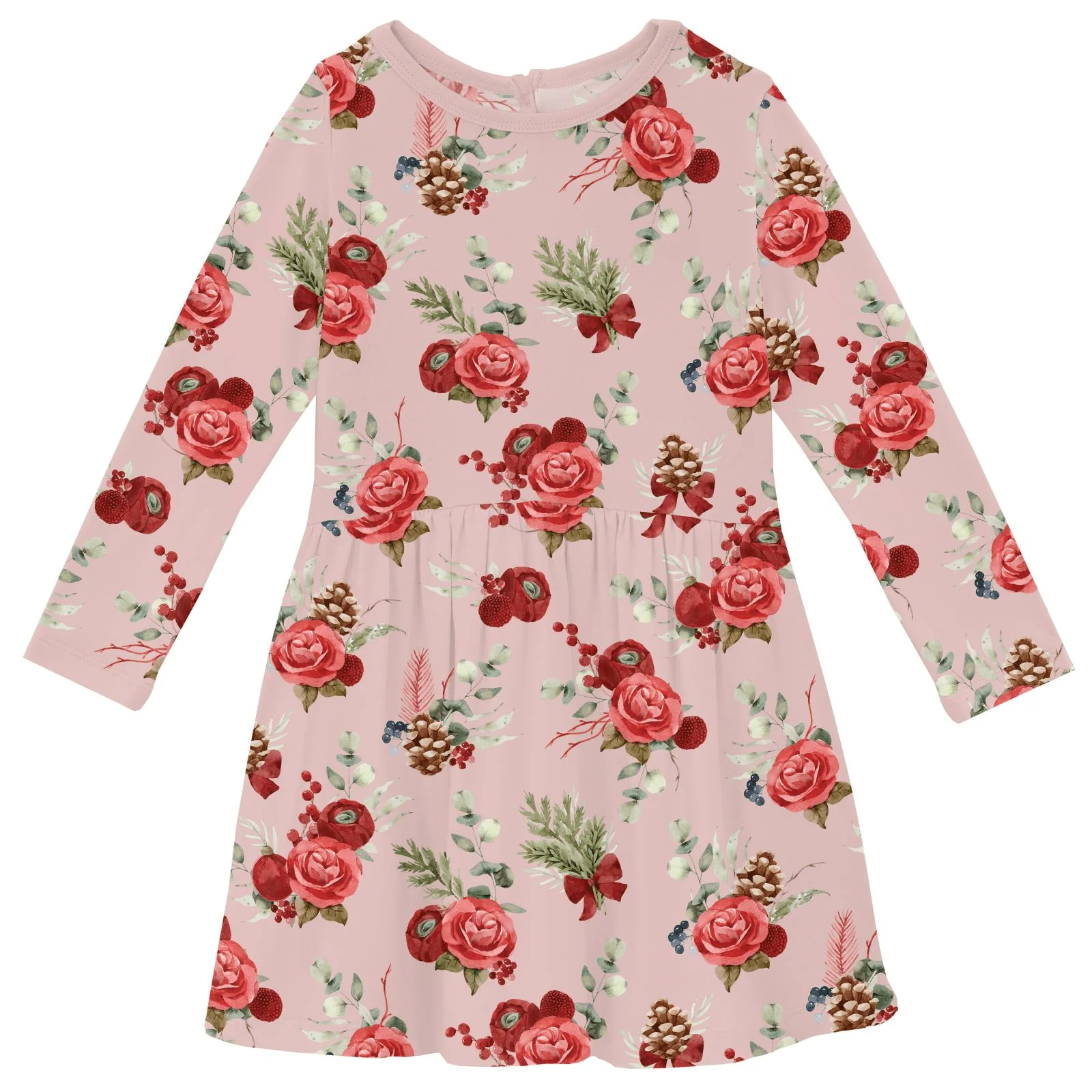 Bamboo Long Sleeve Twirl Dress with Pockets - Baby Rose Holiday Floral - Image 4