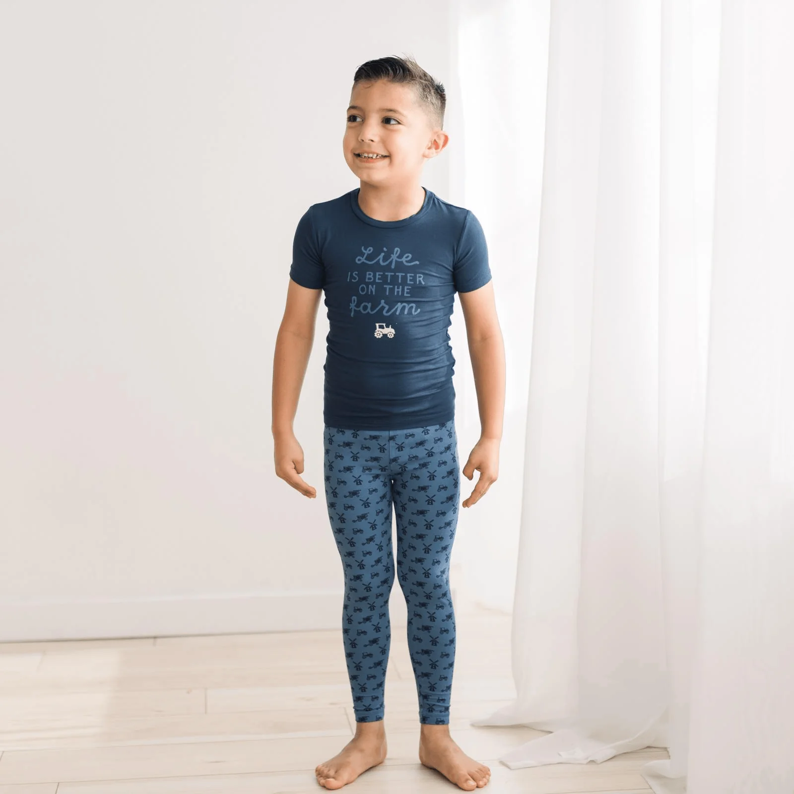 Bamboo Short Sleeve Graphic Tee Pajama Set - Denim Tractors & Windmills - Image 3