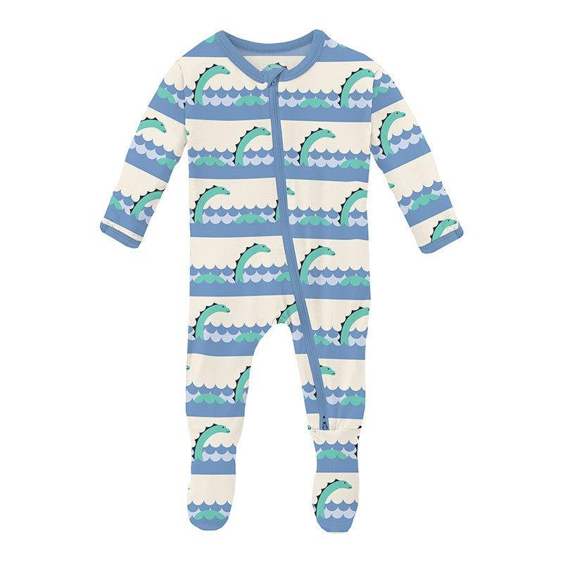 Boy's Print Bamboo Footie with 2-Way Zipper - Natural Sea Monster