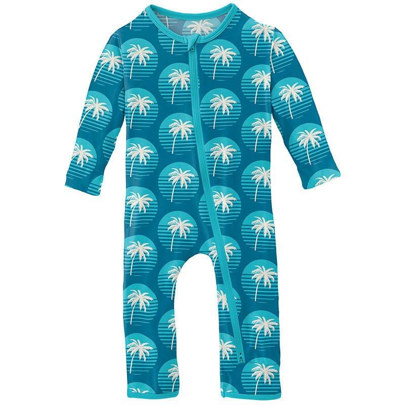 Boy's Print Bamboo Coverall with 2-Way Zipper - Cerulean Blue Palm Tree Sun