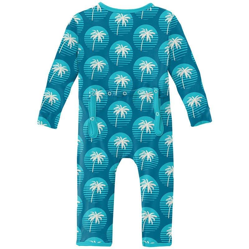 Boy's Print Bamboo Coverall with 2-Way Zipper - Cerulean Blue Palm Tree Sun - Image 2