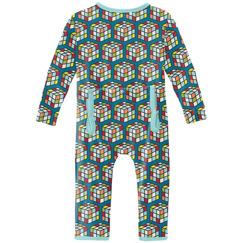 Boy's Print Bamboo Coverall with 2-Way Zipper - Cerulean Blue Puzzle Cube - Image 2