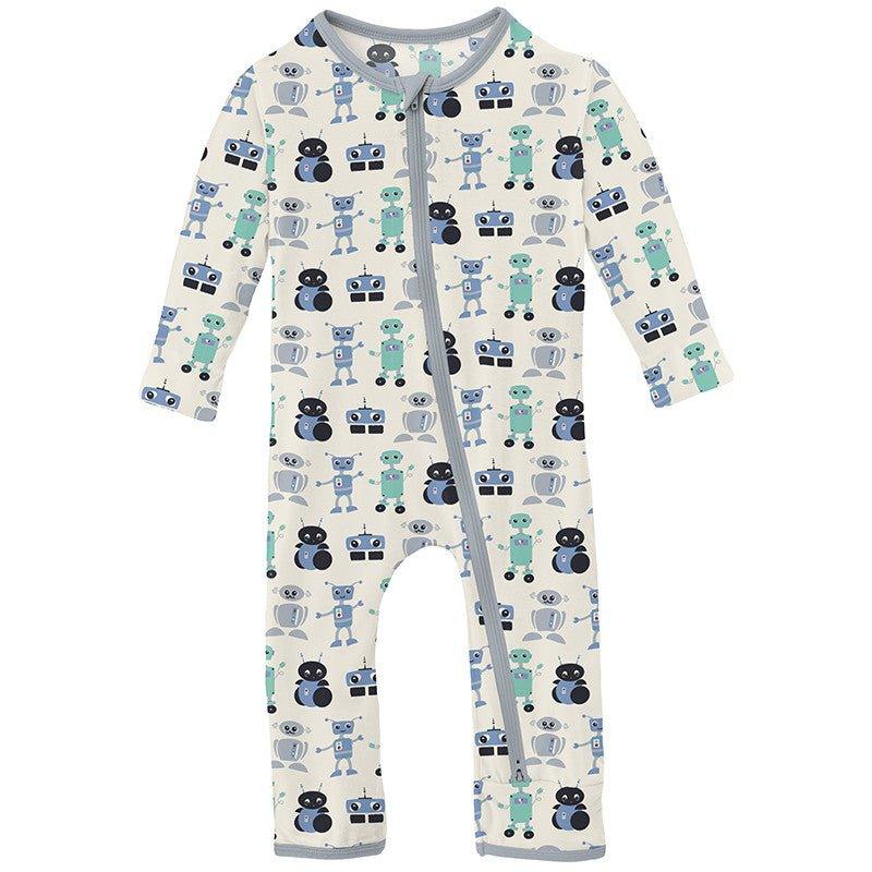 Boy's Print Bamboo Coverall with 2-Way Zipper - Natural Robots