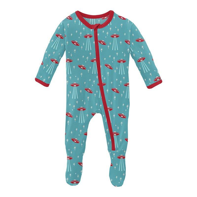 Boy's Print Bamboo Footie with Zipper - Glacier Alien Invasion