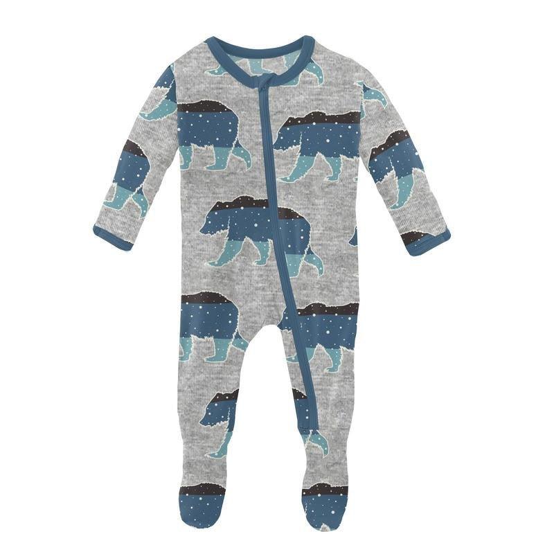 Boy's Print Bamboo Footie with Zipper - Heather Mist Night Sky Bear