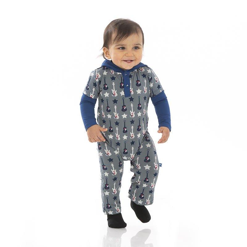 Boy's Print Bamboo Long Sleeve Hoodie Romper - Slate Guitars & Stars - Image 2