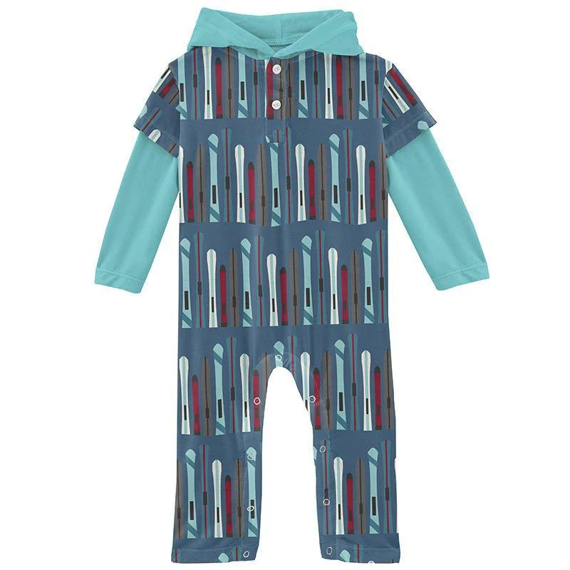 Boy's Print Bamboo Long Sleeve Hoodie Romper - Twilight Skis