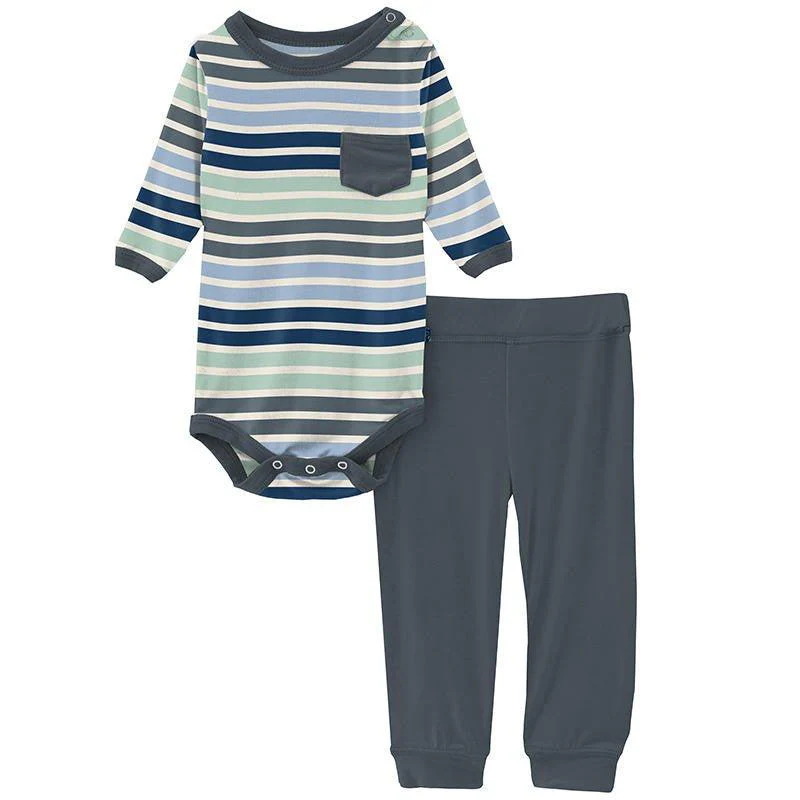 Boy's Print Bamboo Long Sleeve Pocket One Piece and Pant Outfit Set - Fairground Stripe