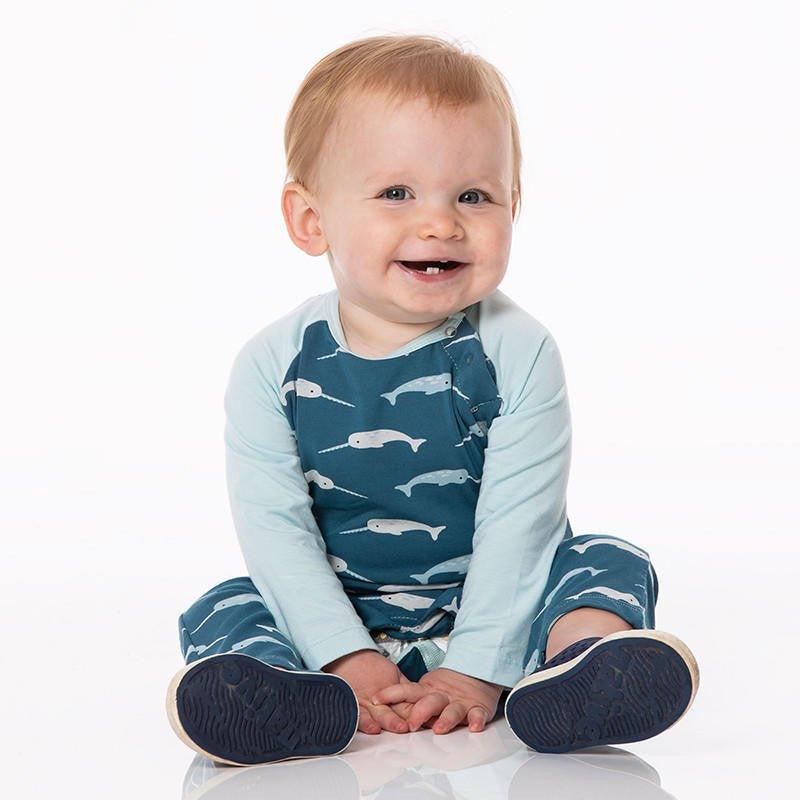Boy's Print Bamboo Long Sleeve Raglan Romper - Deep Sea Narwhal - Image 2