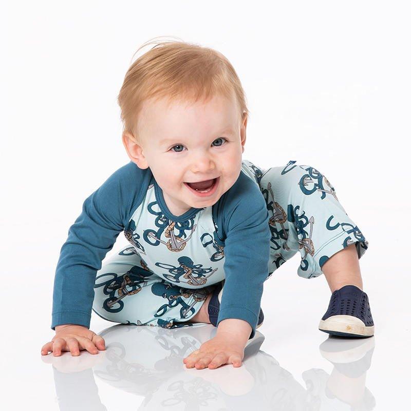 Boy's Print Bamboo Long Sleeve Raglan Romper - Spring Sky Octopus Anchor - Image 2