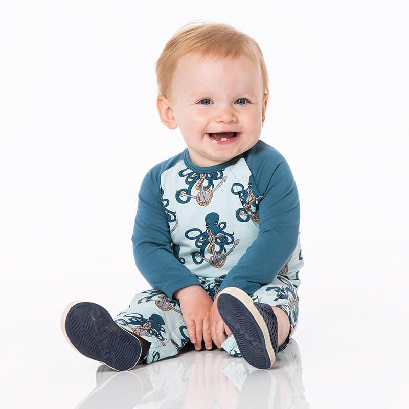 Boy's Print Bamboo Long Sleeve Raglan Romper - Spring Sky Octopus Anchor - Image 3