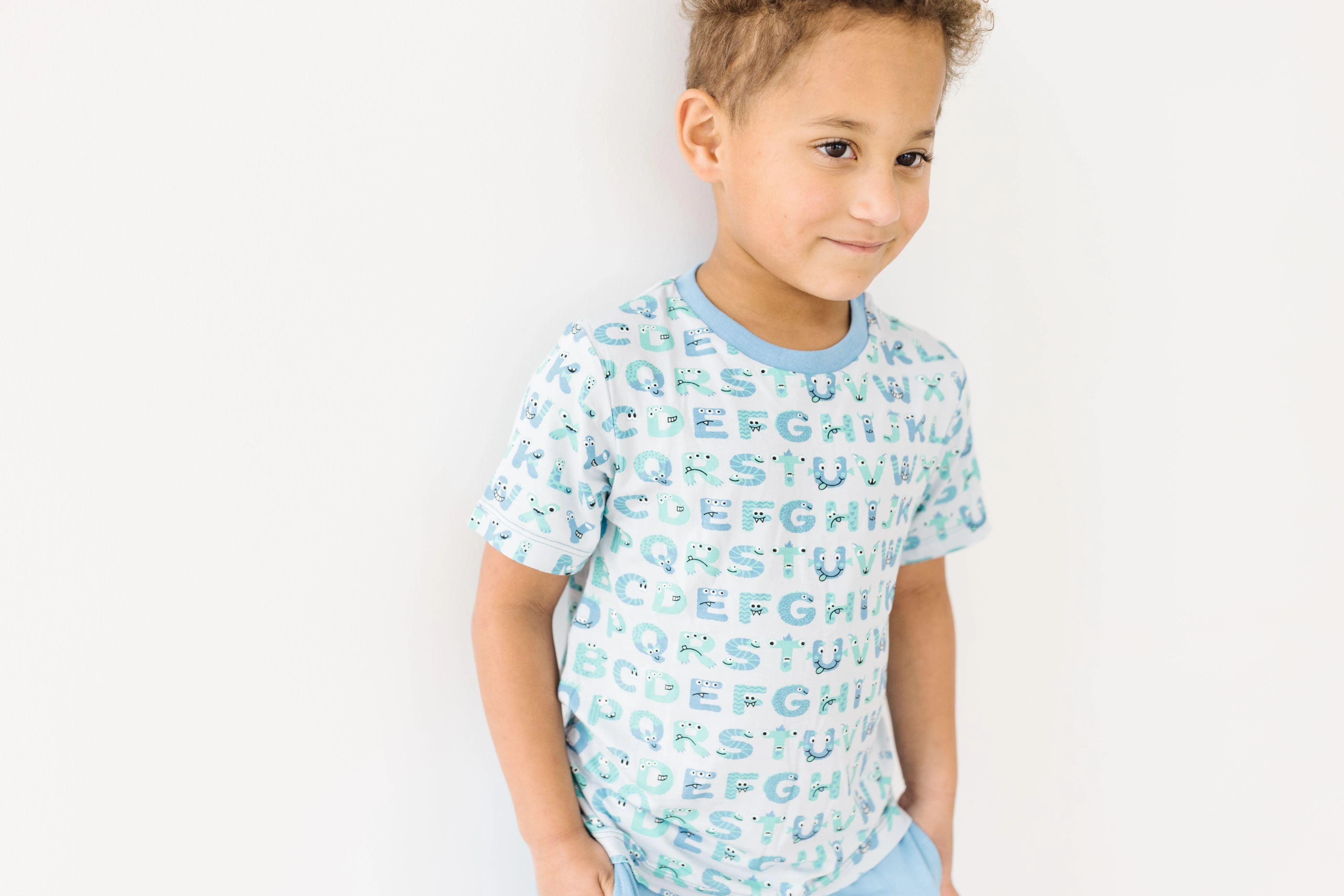 Boy's Print Bamboo Short Sleeve Easy Fit Crew Neck Tee Shirt - Dew ABC Monsters - Image 2