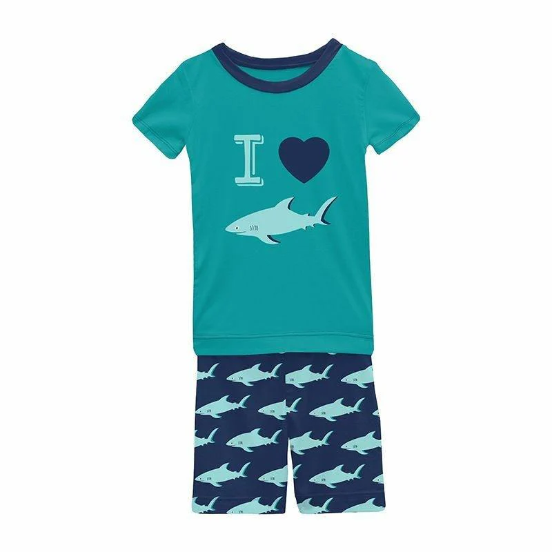 Boy's Print Bamboo Short Sleeve Graphic Tee Pajama Set with Shorts - Flag Blue Sharky