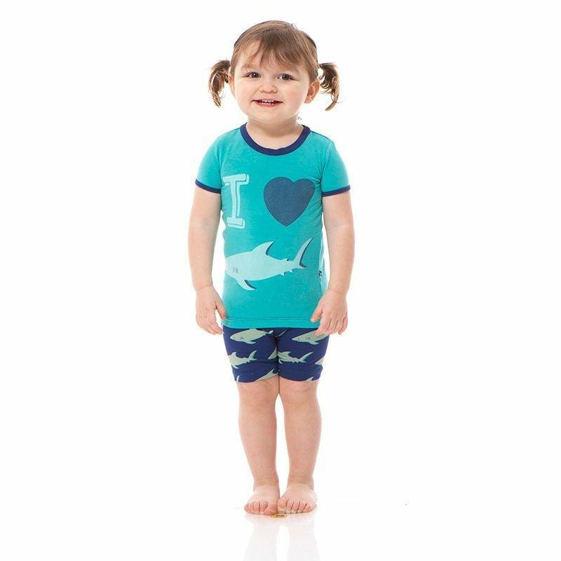 Boy's Print Bamboo Short Sleeve Graphic Tee Pajama Set with Shorts - Flag Blue Sharky - Image 2
