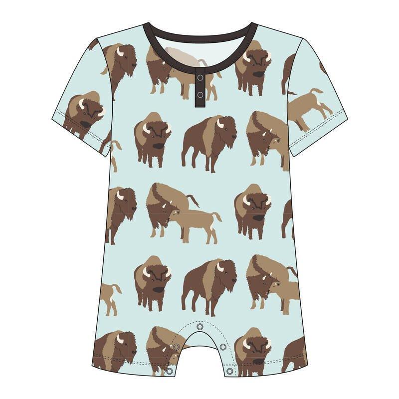 Boy's Print Short Sleeve Henley Romper - Fresh Air Bison