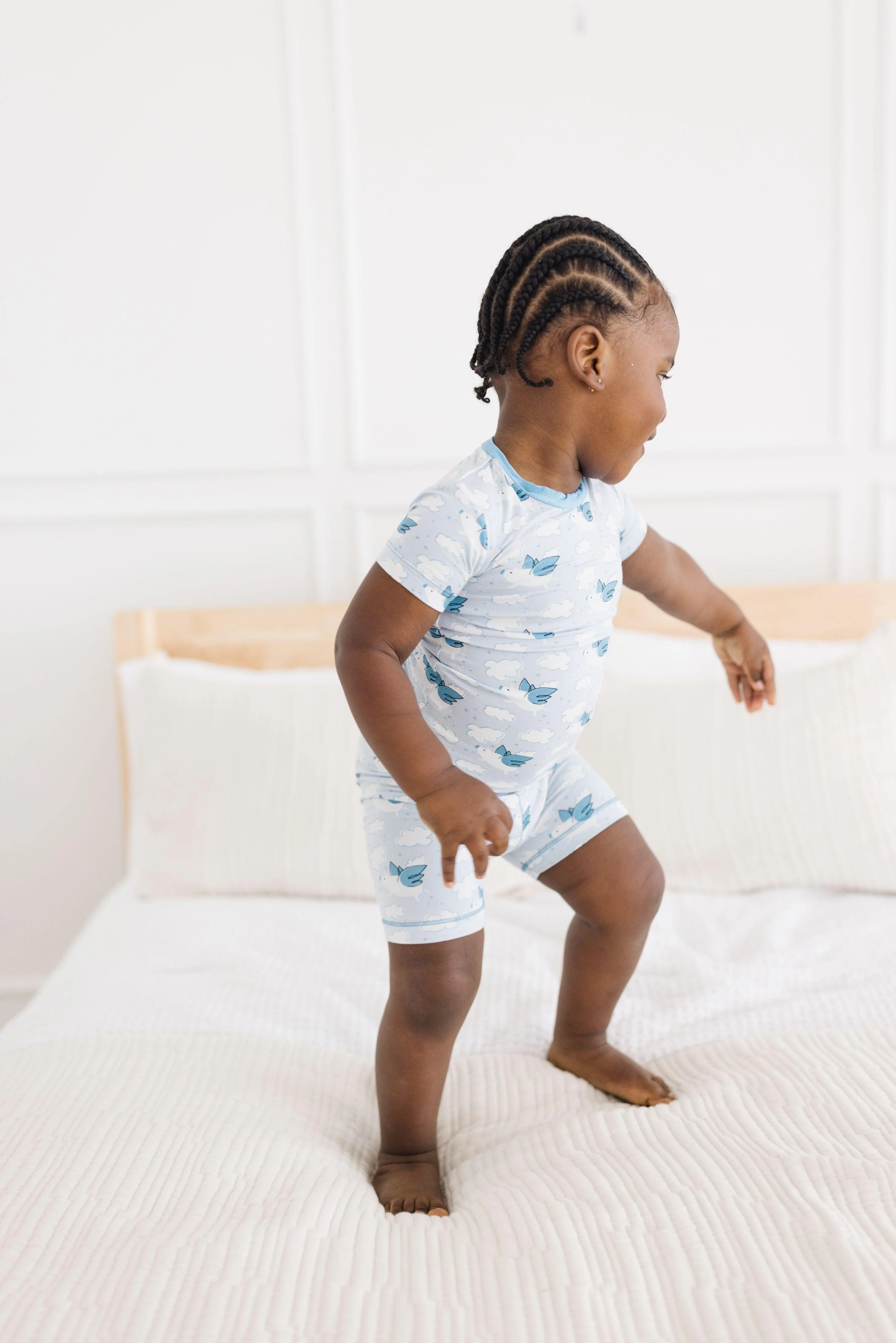 Boy's Print Bamboo Short Sleeve Pajama Set with Shorts - Dew Flying Pigs - Image 2