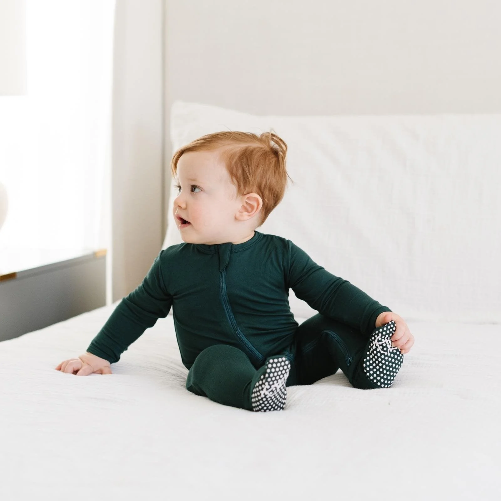 Boy's Solid Bamboo Footie with 2-Way Zipper - Pine - Image 2