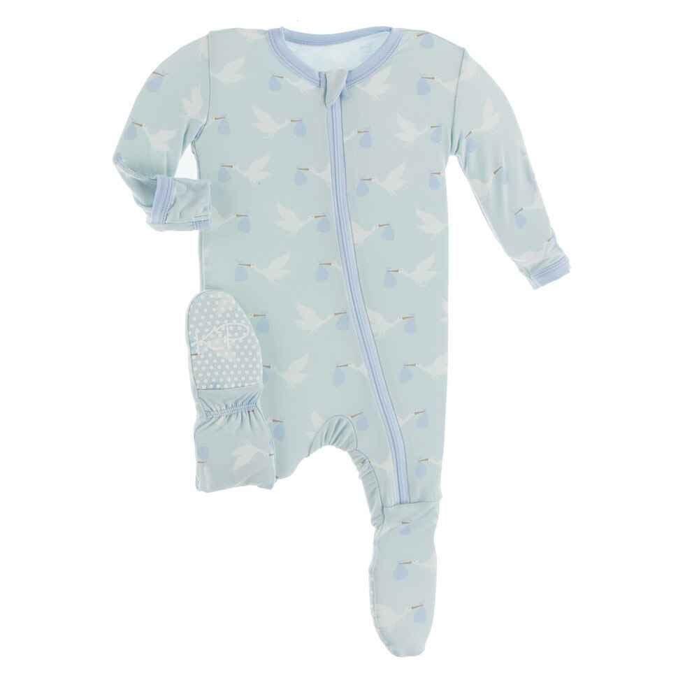 Celebration Print Bamboo Footie with Zipper - Spring Sky Stork