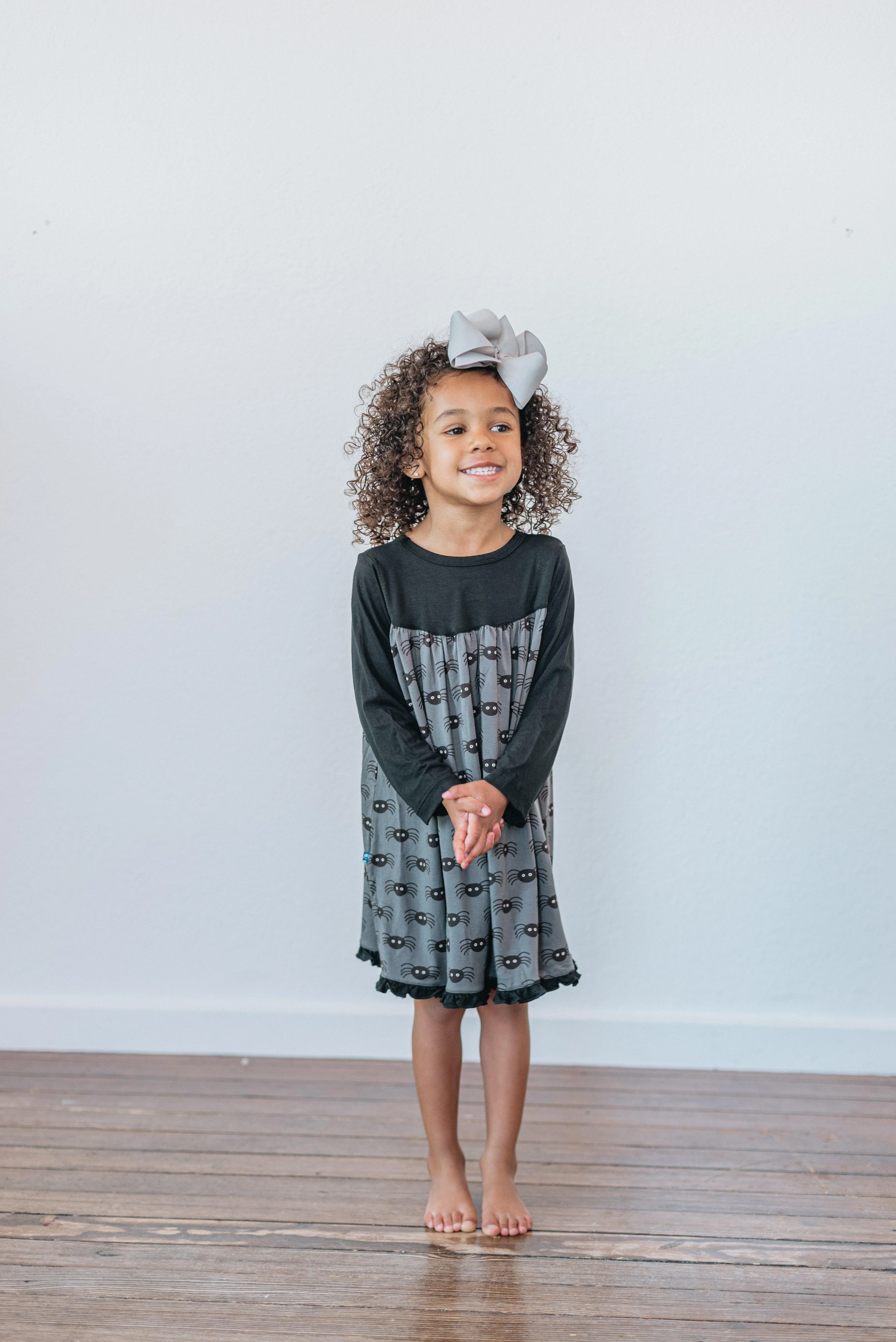 Celebration Print Bamboo Classic Long Sleeve Swing Dress, Stone Spiders - Image 2