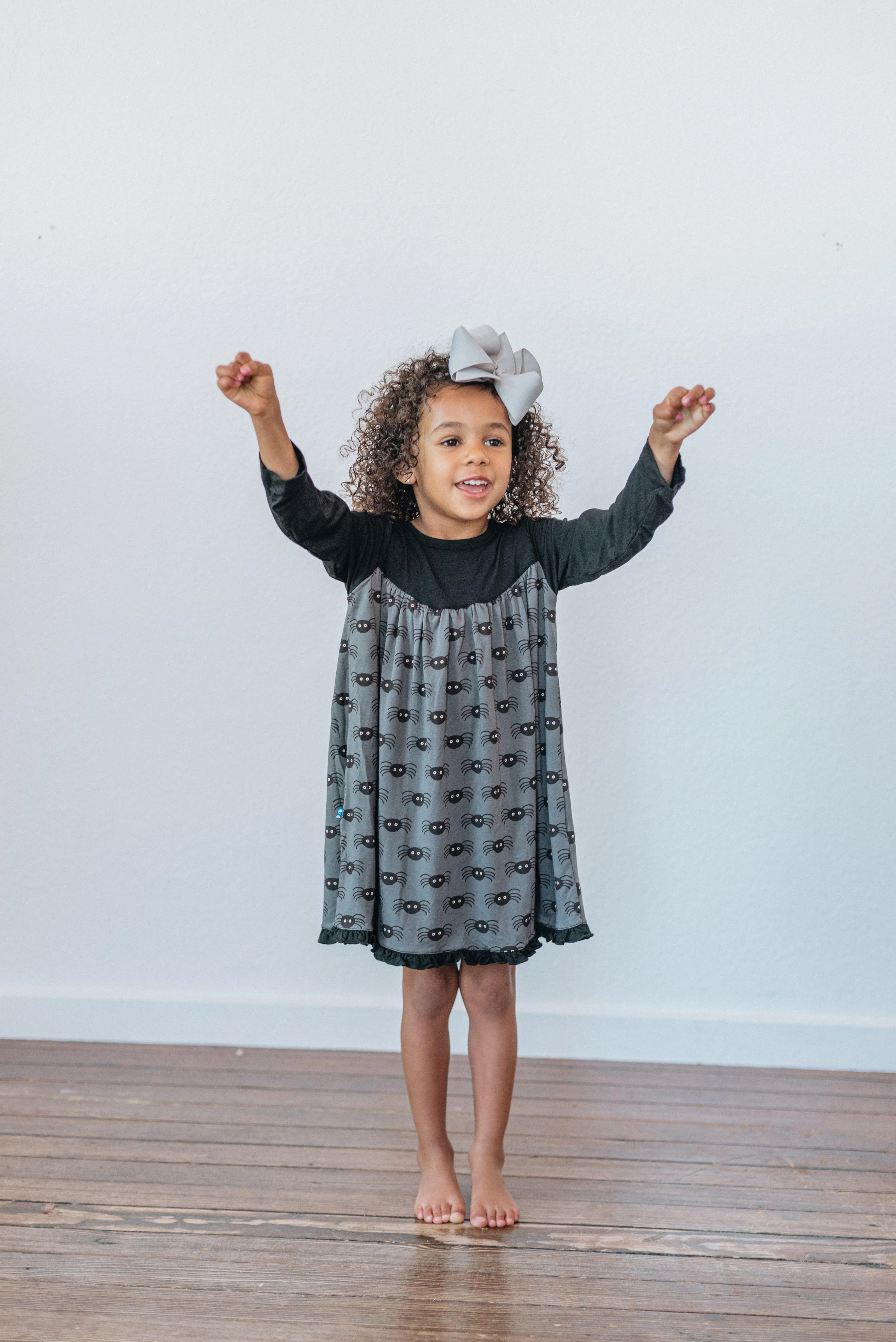 Celebration Print Bamboo Classic Long Sleeve Swing Dress, Stone Spiders - Image 3