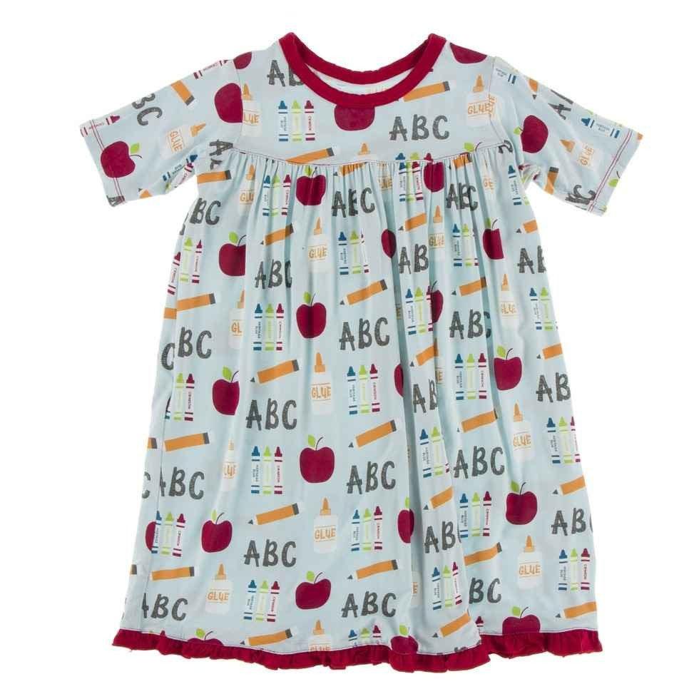 Celebration Print Bamboo Classic Short Sleeve Swing Dress - Spring Sky I Love School
