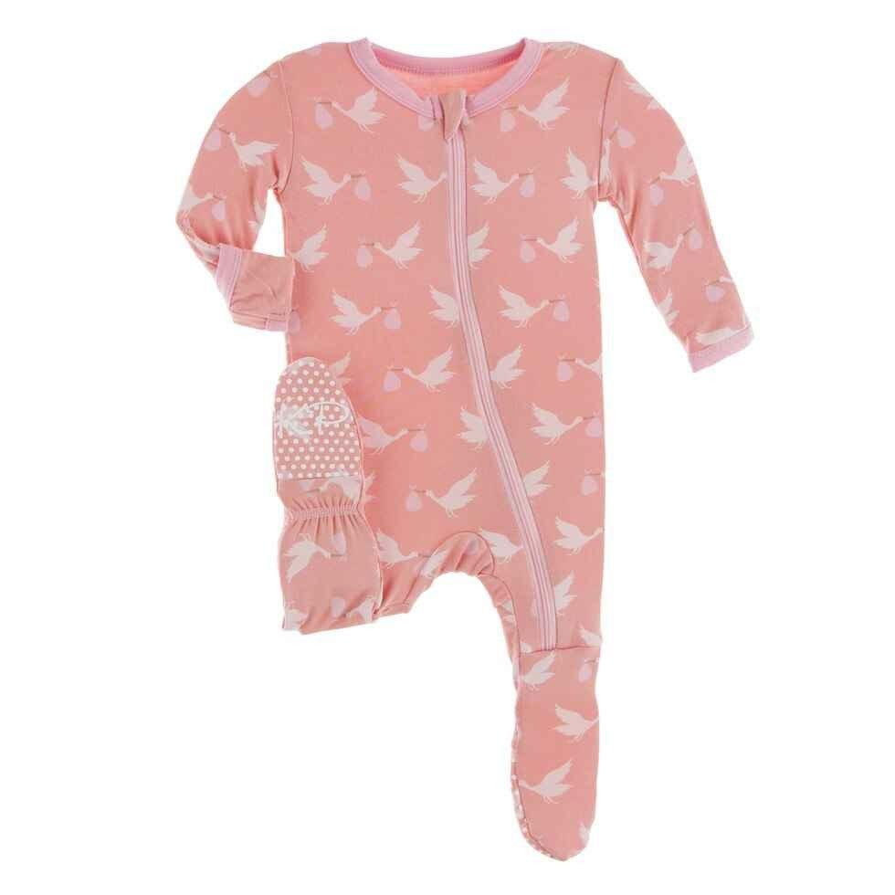 Celebration Print Bamboo Footie with Zipper - Blush Stork