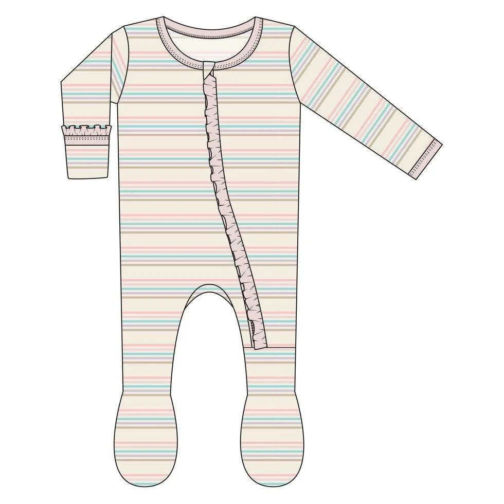 Custom Bamboo Classic Ruffle Footie with Zipper - Cupcake Stripe with Macaroon Trim - Image 2