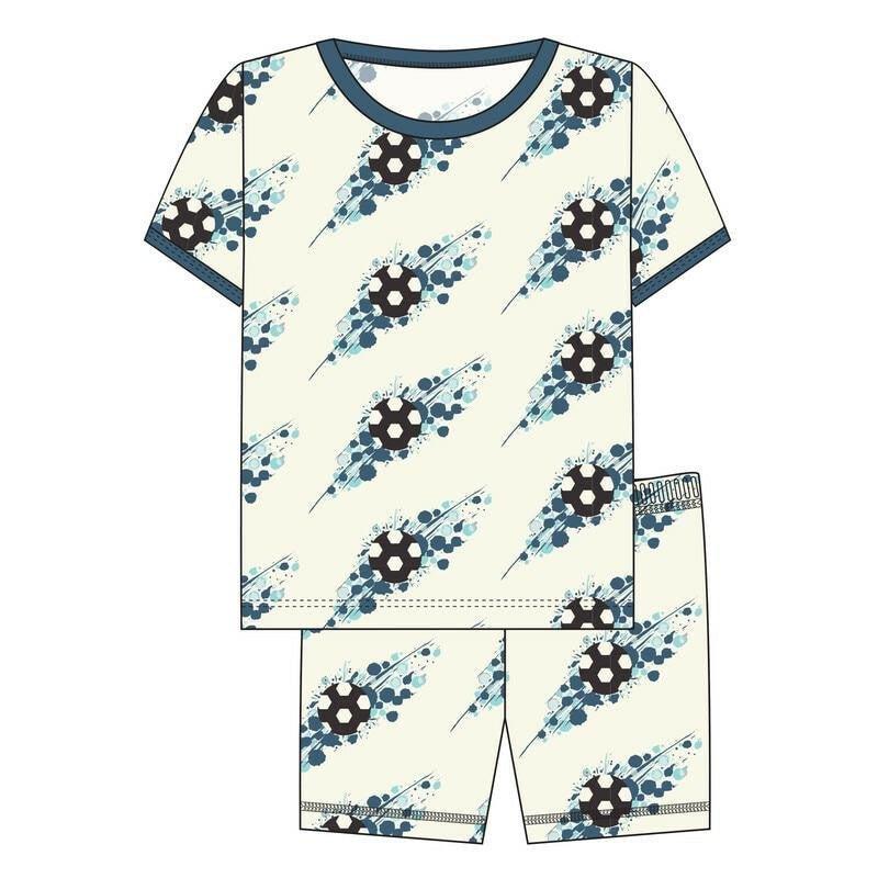 Custom Print Bamboo Short Sleeve Pajama Set with Shorts - Natural Soccer Splash with Deep Sea - Image 2