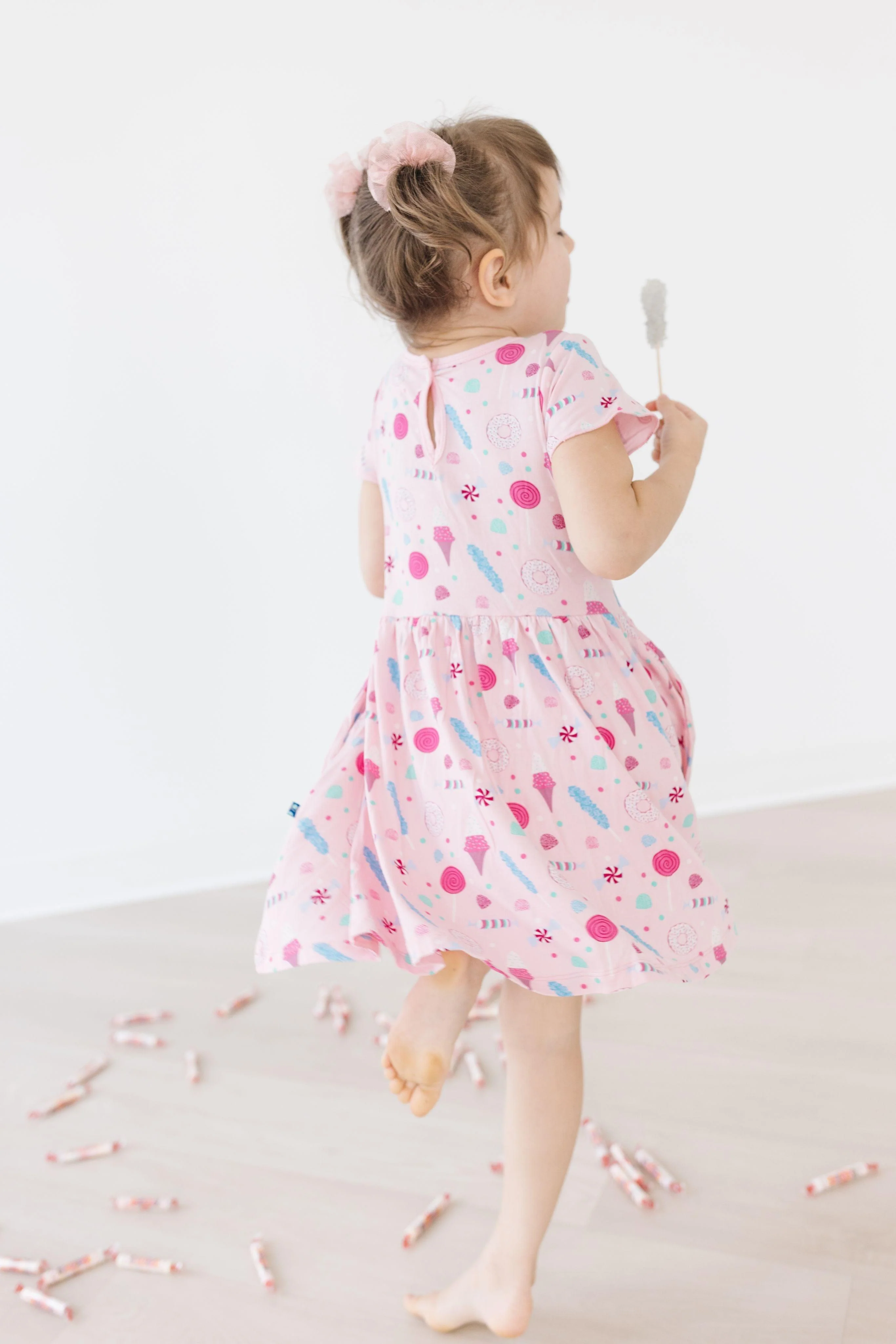 Bamboo Girl's Print Flutter Sleeve Twirl Dress with Pockets - Cake Pop Candy Dreams - Image 5