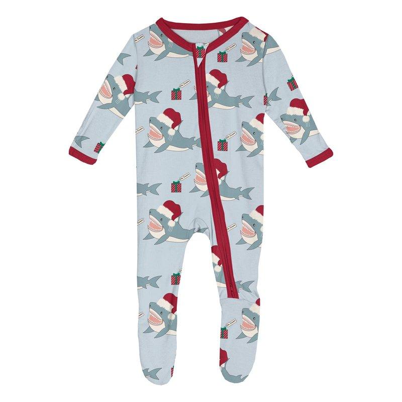 Bamboo Footie with 2-Way Zipper - Illusion Blue Holiday Sharks