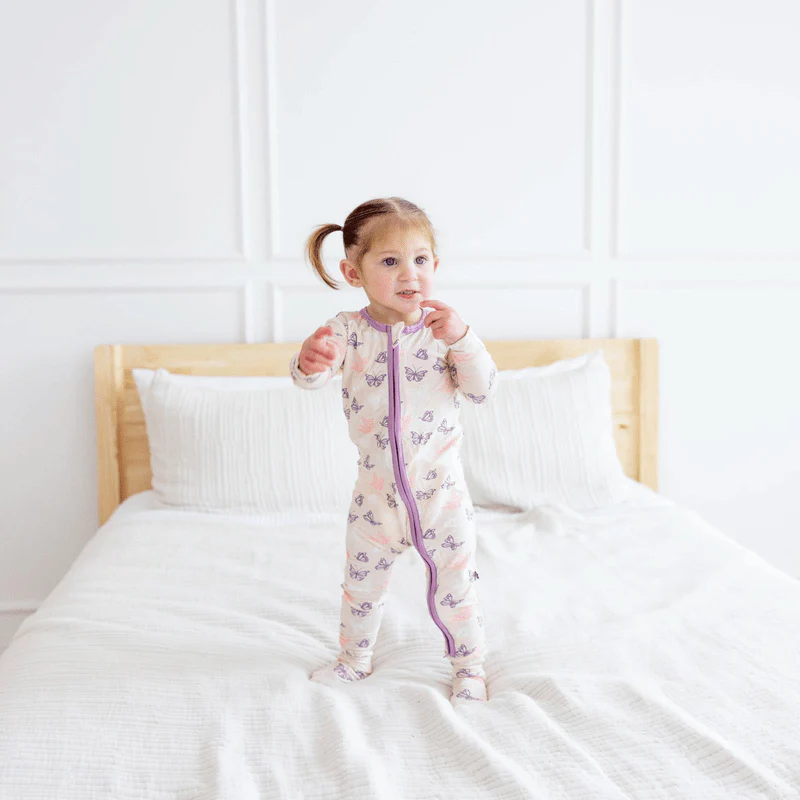 Bamboo Footie with 2-Way Zipper - Latte Butterflies - Image 2