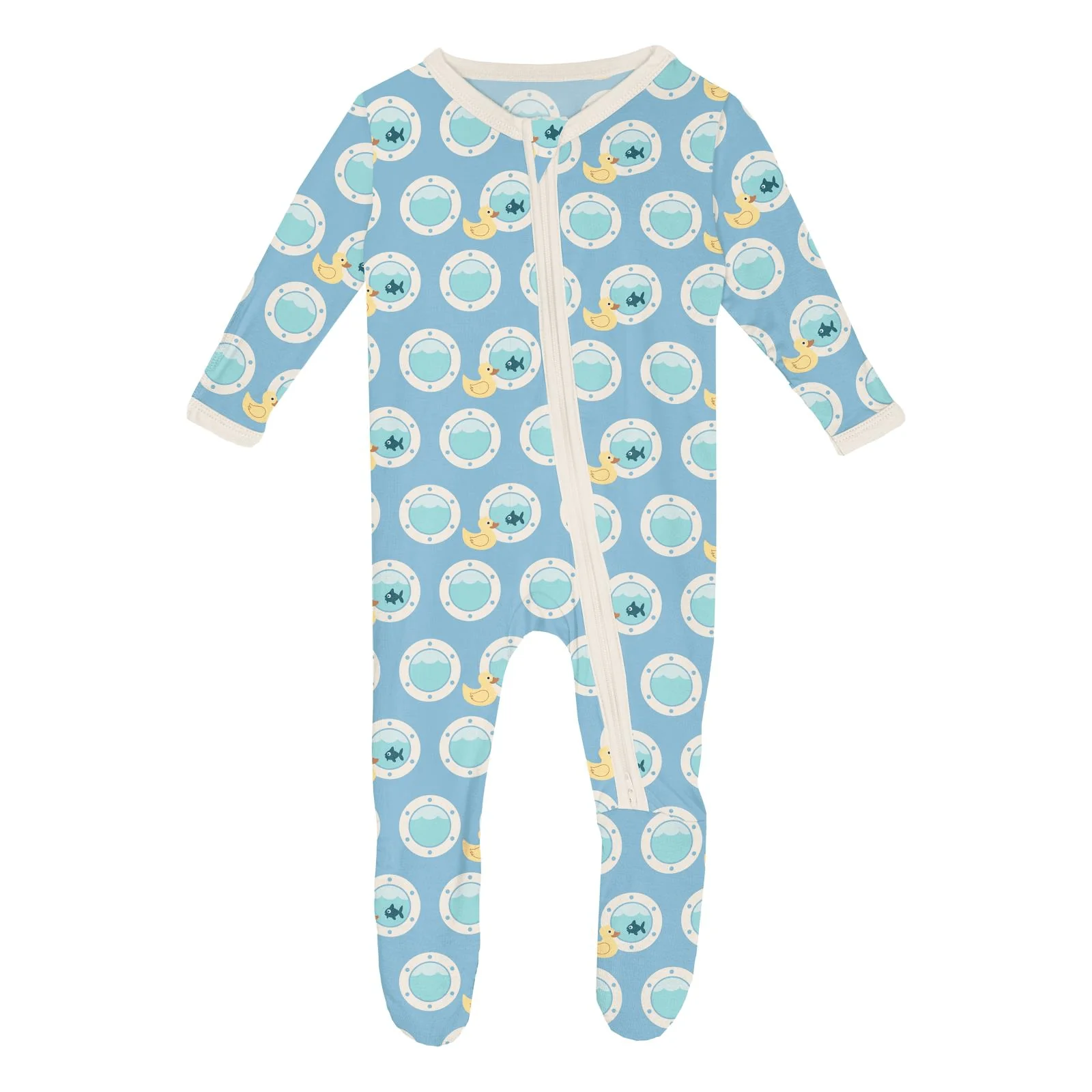 Bamboo Footie with 2-Way Zipper - Seaside Blue Porthole Rubber Ducky - Image 2