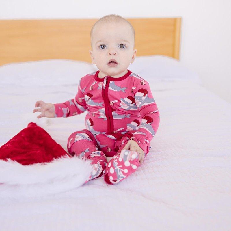 Bamboo Footie with 2-Way Zipper - Winter Rose Holiday Sharks - Image 2