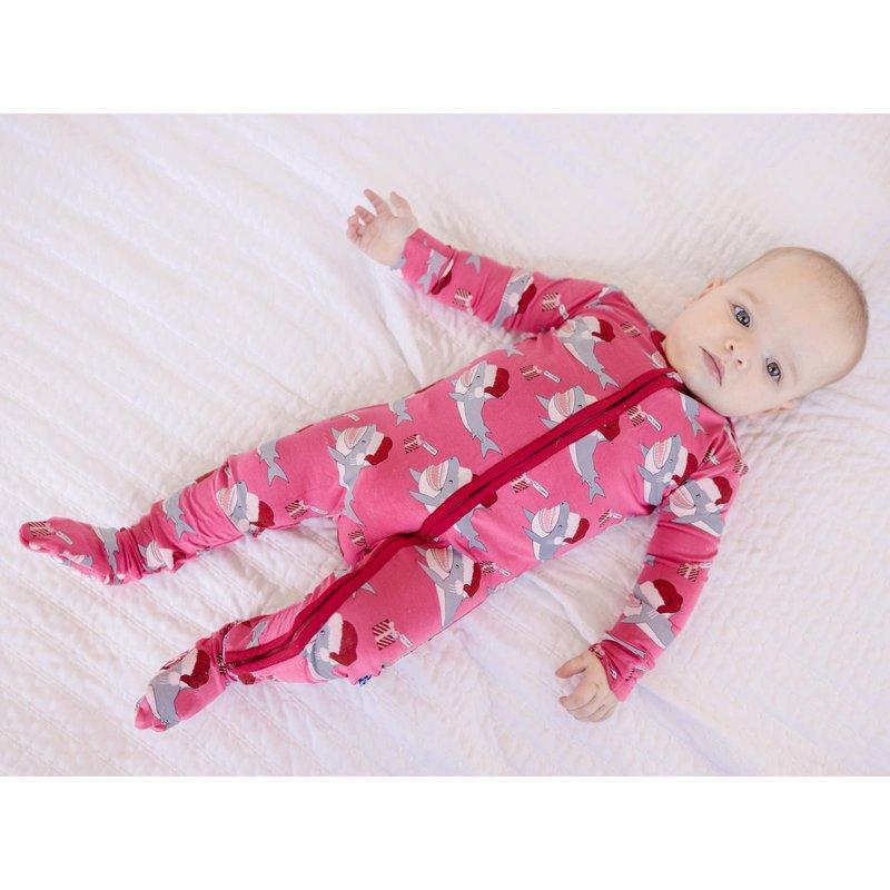 Bamboo Footie with 2-Way Zipper - Winter Rose Holiday Sharks - Image 3