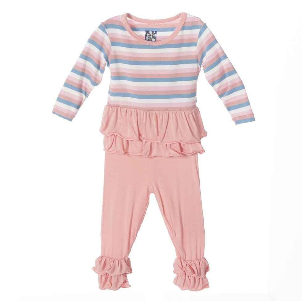 Girl's Bamboo Long Sleeve Double Ruffle Outfit Set, Girl Salty Seas Stripe - Image 3
