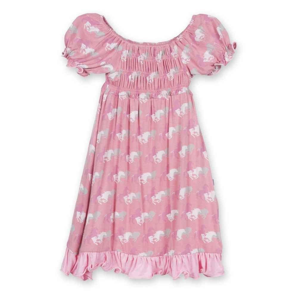 Girl's Bamboo Gathered Dress, Desert Rose Wild Horses