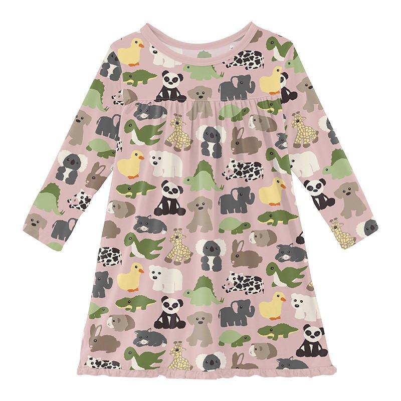 Girl's Print Bamboo Classic Long Sleeve Swing Dress - Baby Rose Too Many Stuffies