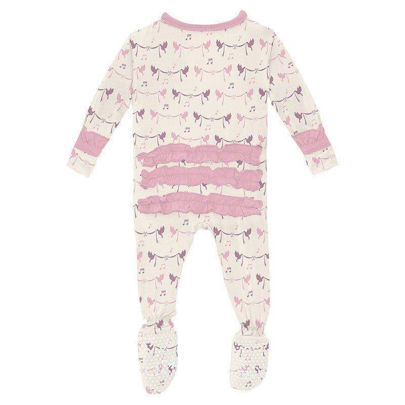 Girl's Print Bamboo Classic Ruffle Footie with 2-Way Zipper - Natural Bird Banner - Image 2