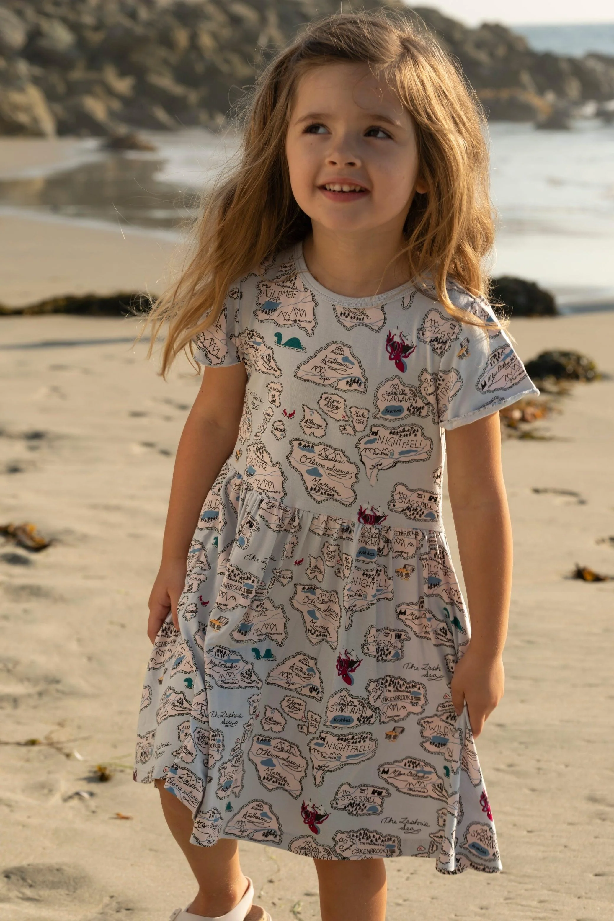 Girl's Print Bamboo Flutter Sleeve Twirl Dress with Pockets - Dew Pirate Map - Image 2